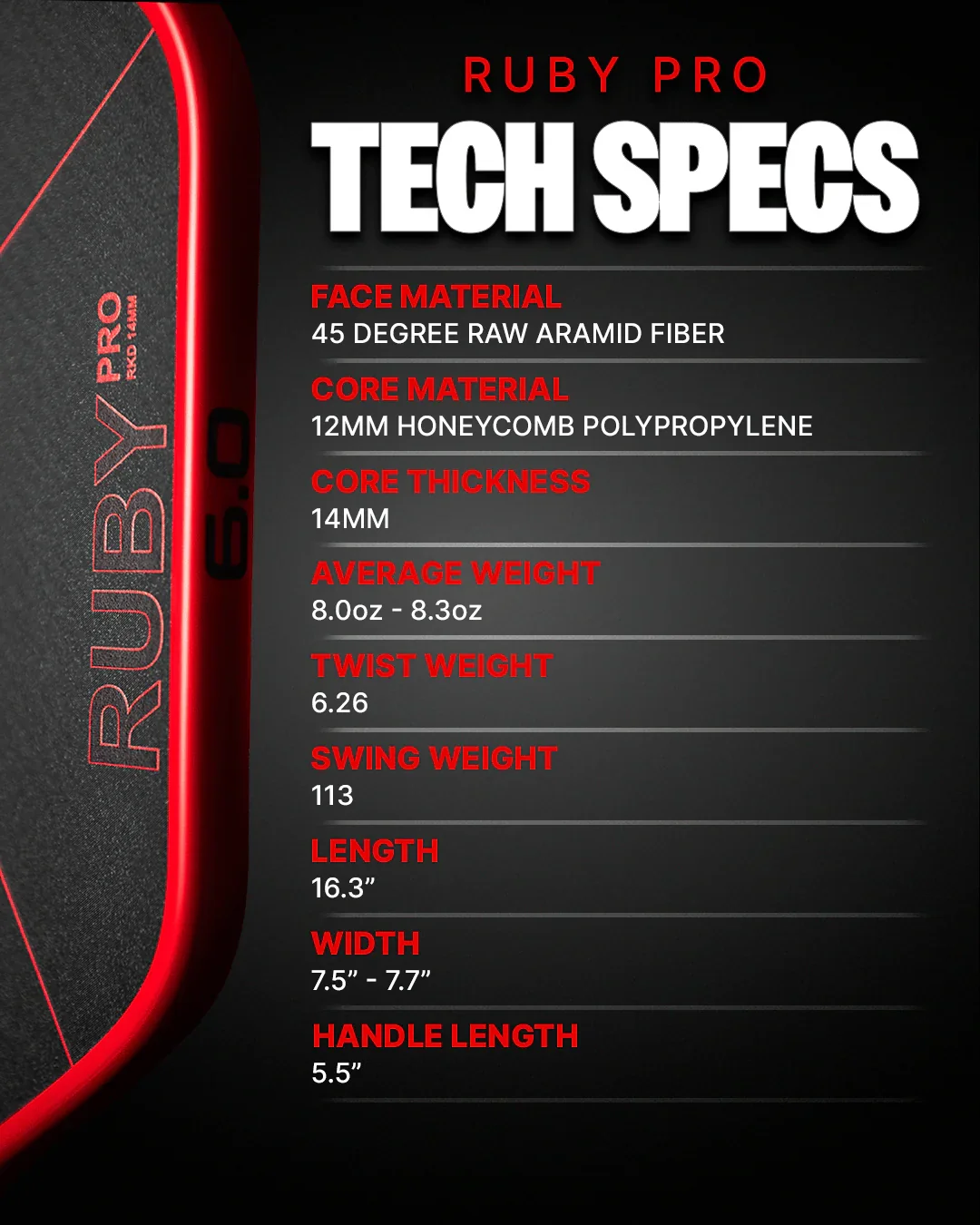 Six Zero Ruby Pro 14mm Pickleball Paddle